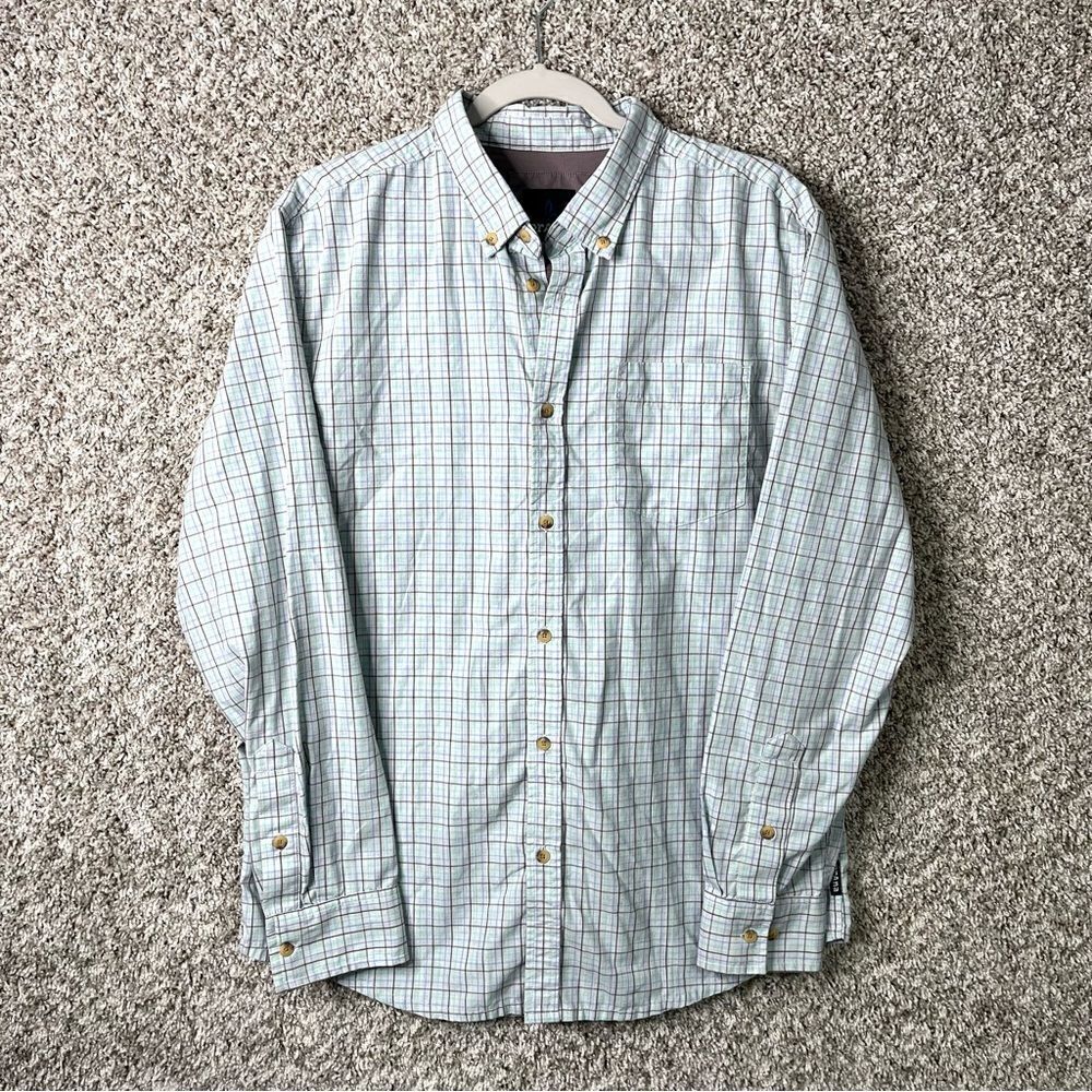 Prana Shirt Men’s Large Gray‎ and Blue Plaid Long Sleeve Button Down Pocket